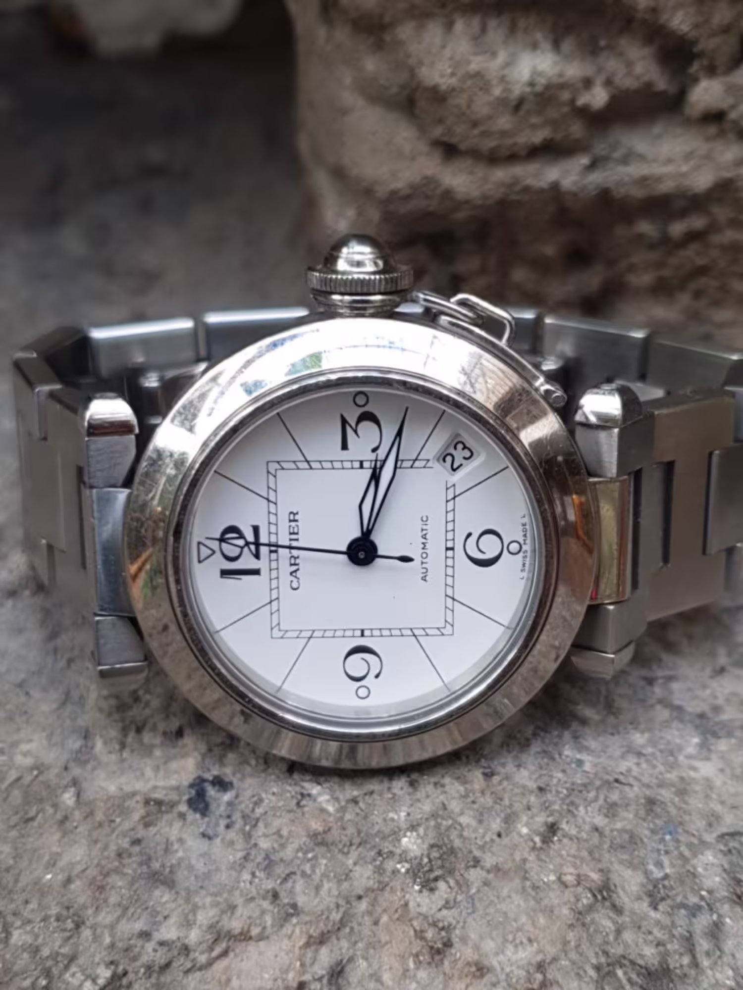 Vintage Cartier Pasha watch on stone at Watch Empire Dublin